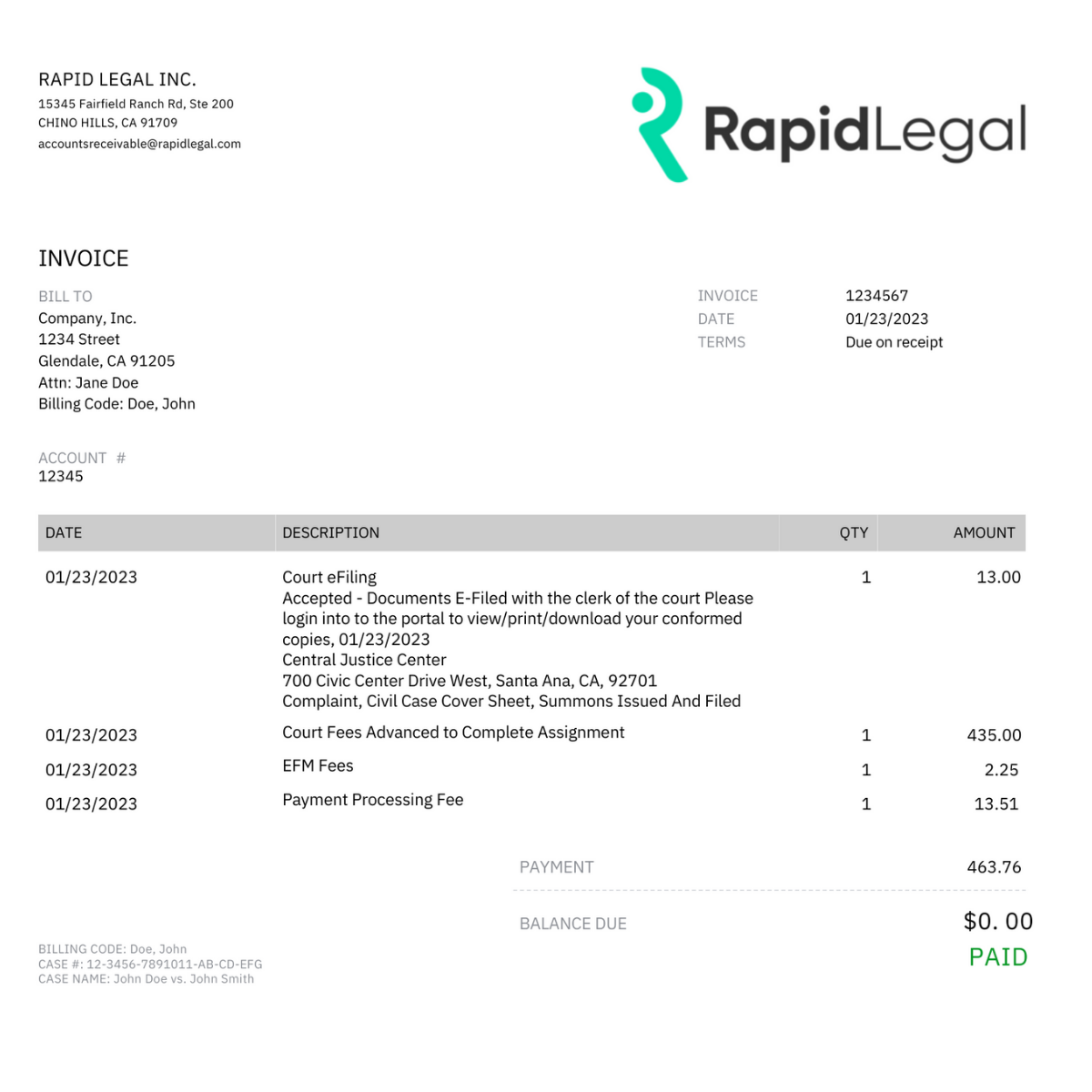 Sample Invoice for an eFiling Transaction