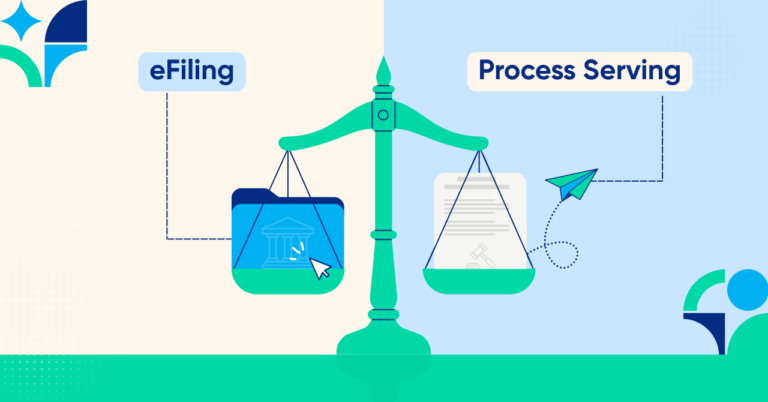 Scales of justice with eFiling and process serving.