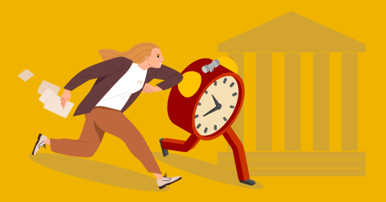 Woman running with alarm clock to complete multi-state eFiling